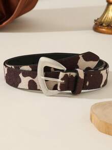 1pc Brown & White Cow Print Women's Belt, Y2K Spicy Style, Vintage Distressed Buckle, Pairs With Low-Waist Jeans - Brown and White Cow Print - View 2