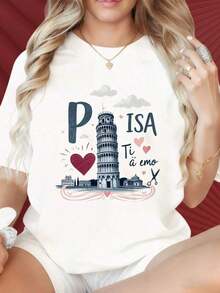 Women's Round-Neck, Short-Sleeved T-Shirts Feature Eye-Catching Prints. This Women's T-Shirt With A Heart And Leaning Tower Of Pisa Design, Inspired By Italy, Is Casual And Fashionable, Perfect For Christmas Parties, Sports Activities, Holiday Celebrations, Outings, And Other Festive Occasions (220g). Made Of Cotton. - 黑色 - 查看 3
