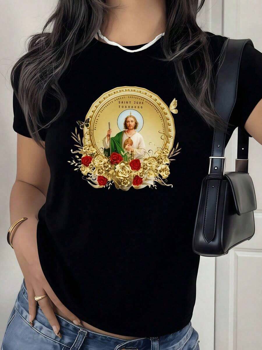 100% Cotton. Representation Of Saint John Surrounded By Golden And Red Flowers Symbolizes Faith, Hope, And Divine Protection With Artistic Details. 100% Cotton Women's T-Shirt, Elegant And Comfortable. Women's Simple Solid Color T-Shirt, Loose And Slim Fit Casual Short Sleeve - 黑色 - 查看 1