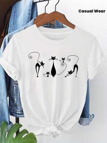 Relaxed Style, Cartoon Cat Print With Simple Lines, Women's Casual Round Neck Fashion T-Shirt, Ideal For Spring-Summer, Daily Wear, Shopping And Meetings. - 黑色 - 查看 2