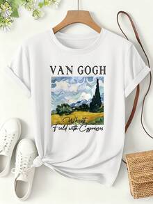 Women's T-Shirt With Van Gogh's Wheat Field And Cypress Print, Spring/Summer 2026, Artistic Style, Short Sleeve, Everyday Artistic Outfit, Loose Fit Top, Women's Clothing With Famous Painting Print, Fashionable And Versatile Design, Sizes S-XXL - 白色 - 查看 1