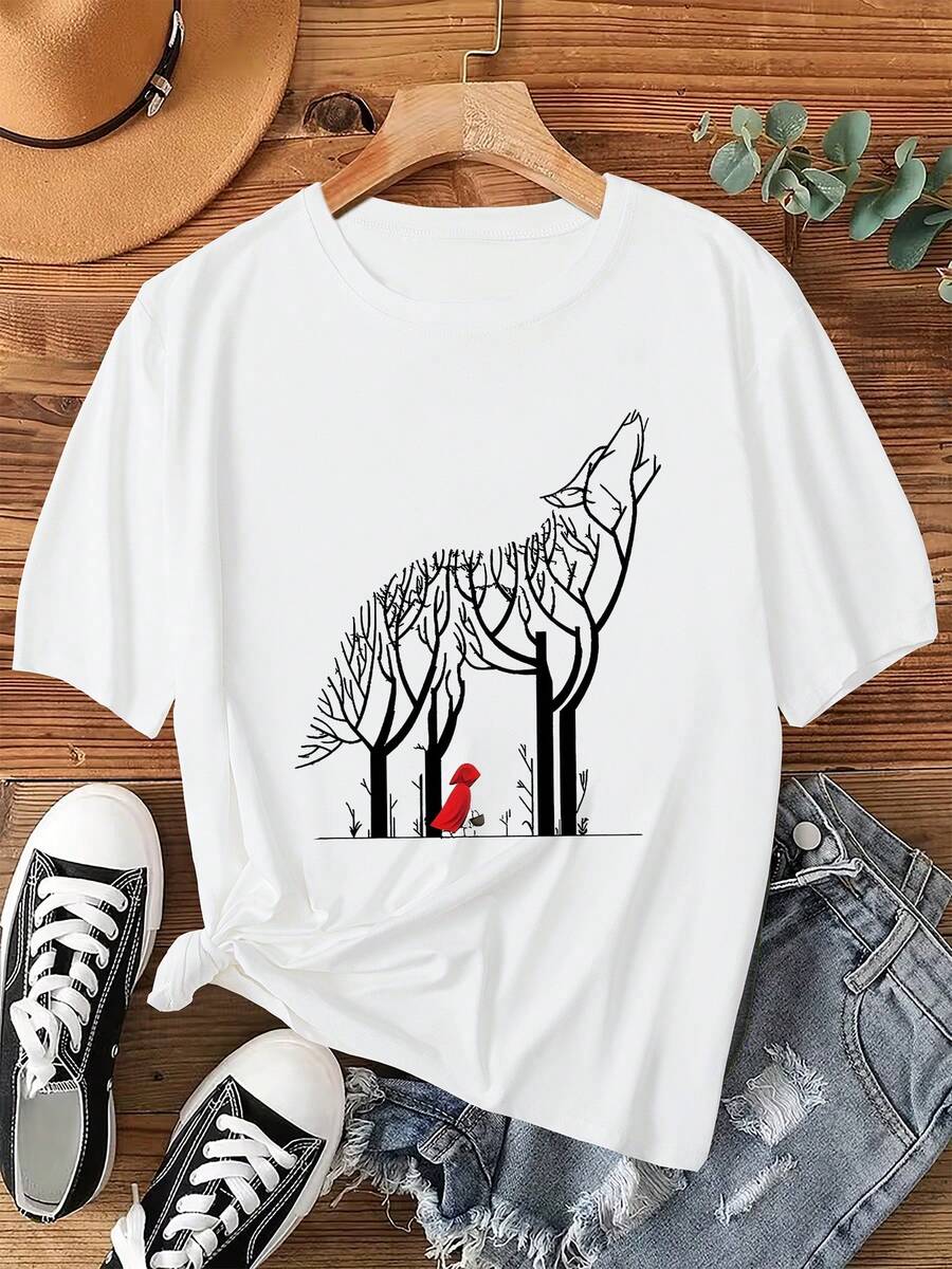 Women's Colorful T-Shirt With A Little Red Riding Hood And The Wolf Forest Theme Print, New Short-Sleeved Summer T-Shirt, Fashionable Casual Printed T-Shirt For Women, Stylish Women's Clothing T-Shirt - 白色 - 查看 1