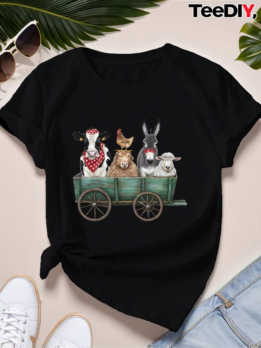 Women's Short Sleeve Sports T-Shirt With Vintage Farm Animal Print - 黑色 - 查看 1