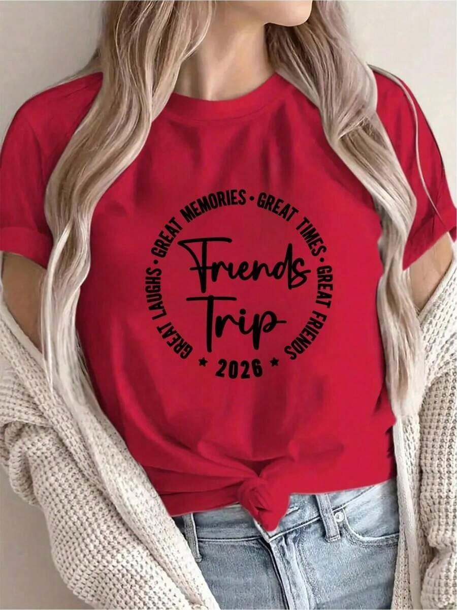 Under The Radar [New Arrival Recommendation] Women's Casual Travel Souvenir Print T-Shirt, Short Sleeve Crew Neck, Spring/Summer, Machine Washable, Versatile For Going Out, Slimming Effect, Sporty-Vintage Street Style Unisex Loose Cotton Short Sleeve Crew Neck T-Shirt - 紅色 - 查看 1