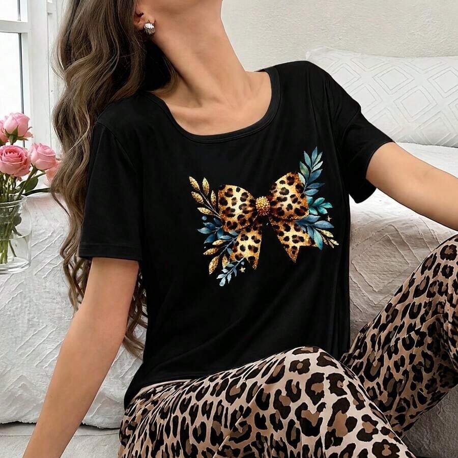 Women's Cotton Leopard Print Bow T-Shirt, Short Sleeve, Round Neck, Casual Everyday Top, Loose Fit, Basic T-Shirt, Sizes M-5XL, Soft And Comfortable Material, Animal Print Design, Essential For Summer Fashion. - 黑色 - 查看 1