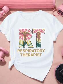 SuavePlus Size Women's Tie-Dye T-Shirt With Caduceus Stethoscope Design - "RT Respiratory Therapist" Graphic, Short Sleeve, Round Neck, Polyester, Machine Washable - Casual & Sporty Tee In Vibrant ColorscuteNew Arrival - 白色 - 查看 6