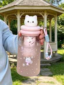 Cute Animal Plastic Water Cup With Tea Strainer & Lanyard, Pink/Blue Cat, Adorable Puppy 4 Styles, Built-In 3D Figurine Lid, Tea Strainer & Beaded Lanyard, Suitable For Students, Commuting, Short Trips, Transparent Cup Body With Adorable Printed Design, Great For Fruit Tea - Multicolor - View 6