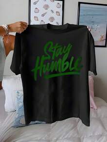 Tay Humble, Printed With The Message 'Keep Humble', Casual Short Sleeve T-Shirt For Women, Comfortable Fit, Ideal For Matching With Sisters, Essential For Outdoor Travel, Women's T-Shirt, Spring/Summer T-Shirt. - 黑色 - 查看 1