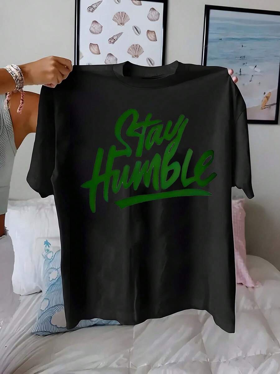Tay Humble, Printed With The Message 'Keep Humble', Casual Short Sleeve T-Shirt For Women, Comfortable Fit, Ideal For Matching With Sisters, Essential For Outdoor Travel, Women's T-Shirt, Spring/Summer T-Shirt. - 黑色 - 查看 1