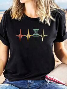 Women's Casual Crew Neck T-Shirt With Colorful Heartbeat And Golf Disc Patterns - Short Sleeve, Summer And Spring Top, Loose Fit, Beach-Themed Design, Relaxed Fit T-Shirt. | Printed T-Shirt | Comfortable Fit, Beachwear 2N1M - 黑色 - 查看 2