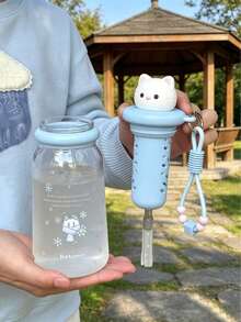 Cute Animal Plastic Water Cup With Tea Strainer & Lanyard, Pink/Blue Cat, Adorable Puppy 4 Styles, Built-In 3D Figurine Lid, Tea Strainer & Beaded Lanyard, Suitable For Students, Commuting, Short Trips, Transparent Cup Body With Adorable Printed Design, Great For Fruit Tea - Multicolor - View 5