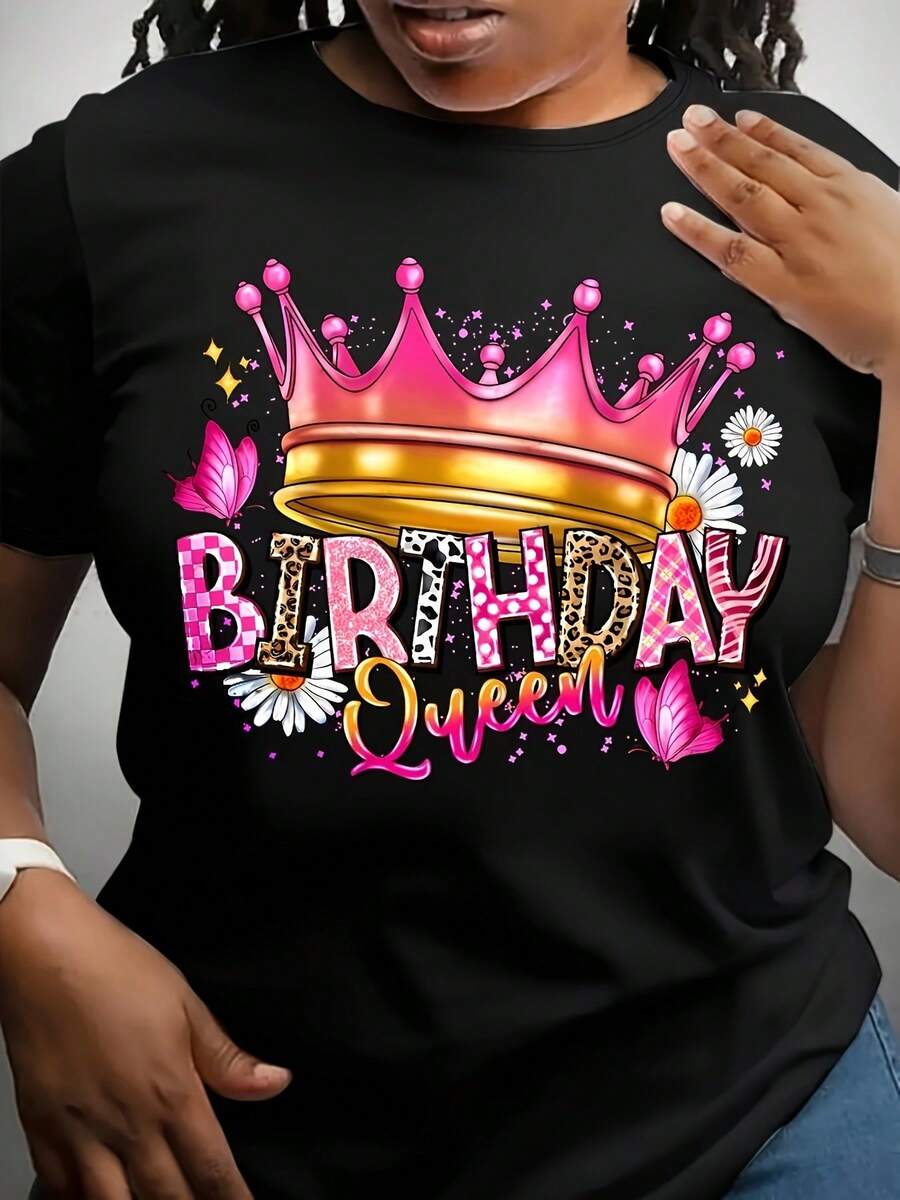 Camiseta de manga corta para mujer con estampado elegante, corte ajustado y cuello redondo. - Negro - Ver 1