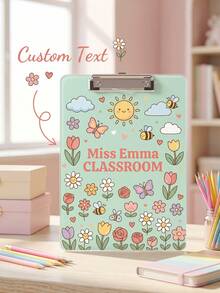 1pc Custom Teacher Clipboard, Personalized Name Acrylic Clipboard With Cute Themed Pattern, Sturdy Metal Clip For Classroom Use, Teacher Appreciation Gifts, Back To School Gift, Multiple Theme Doodle Pattern, Elementary Teacher Desk Decor, School Supply - Multicolor - View 1
