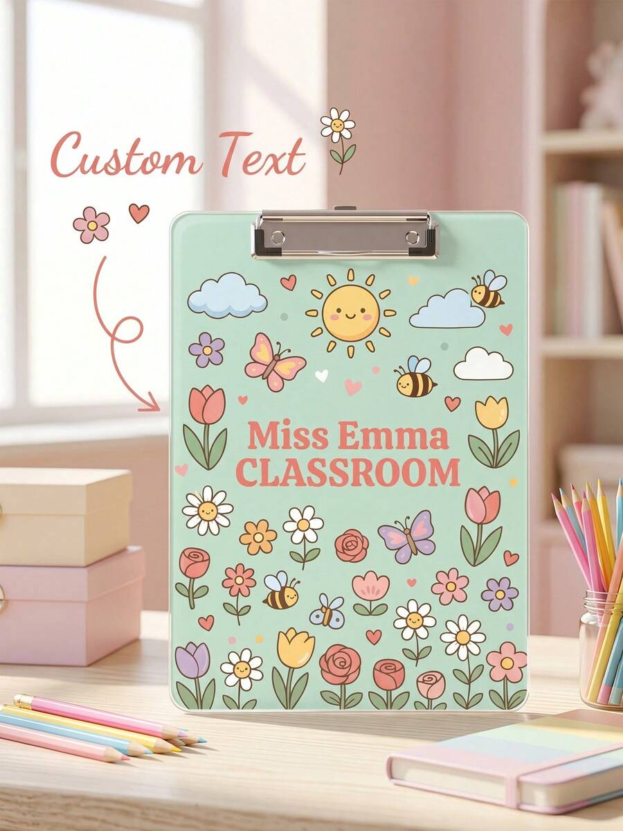1pc Custom Teacher Clipboard, Personalized Name Acrylic Clipboard With Cute Themed Pattern, Sturdy Metal Clip For Classroom Use, Teacher Appreciation Gifts, Back To School Gift, Multiple Theme Doodle Pattern, Elementary Teacher Desk Decor, School Supply - Multicolor - View 1