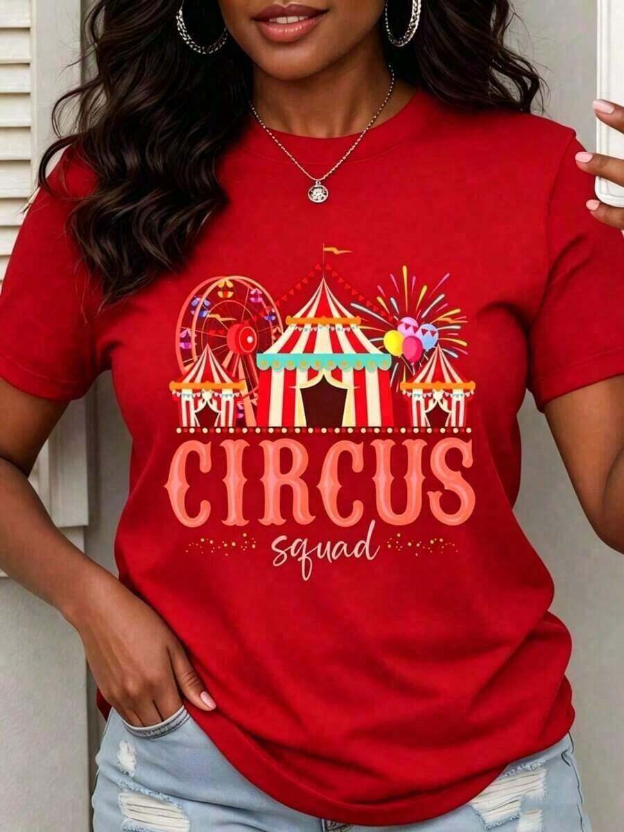 Women's Short-Sleeve Circus T-Shirt, Fun, With A Carnival-Themed Print, Ideal For Parties, Casual Summer Wear For Festivals And Events. Pretty Blouses, 100% Cotton. - 紅色的 - 查看 1