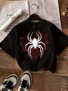 New Women's Round Neck T-Shirt, Short Sleeve, Loose Fit, Casual And Versatile With Spider Print, Soft Fabric And Good Drape - Black - View 1