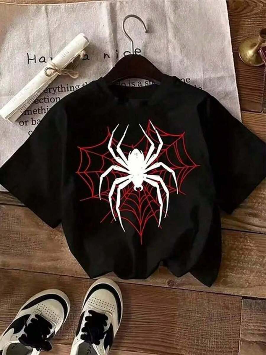 New Women's Round Neck T-Shirt, Short Sleeve, Loose Fit, Casual And Versatile With Spider Print, Soft Fabric And Good Drape - Black - View 1