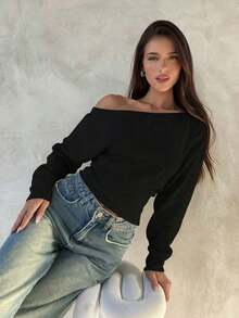 Blusa Asimétrica de Hombro de Manga Larga de 95% Algodón Tejido, Blusa Versátil Negra, Armario de Otoño; Simple, Elegante; Cómoda, Chic. - Negro - Ver 7