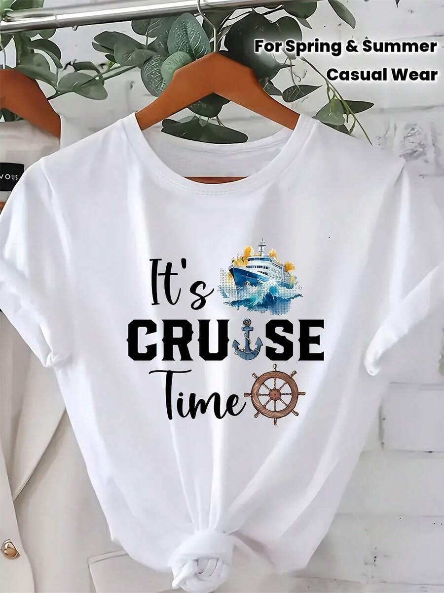 Women's Casual Sports T-Shirt, Short Sleeve, White, With Cruiser Graphic Design - Elastic Crew Neck T-Shirt, Machine Washable, Comfortable Fit For All Seasons, For Travel Lovers And Nautical Style. - 白色 - 查看 1