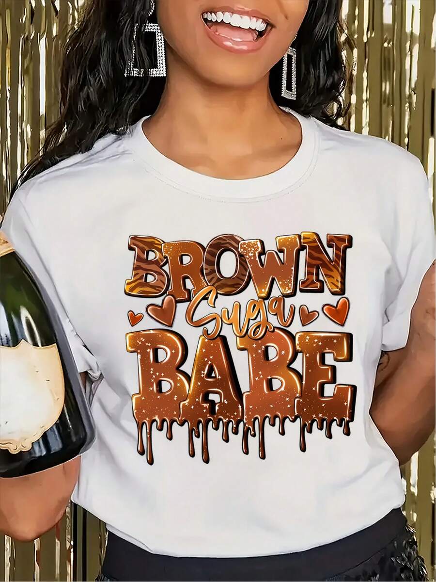 BROWN SUGAR BABE Women's Casual Sports T-Shirt - White Graphic T-Shirt, Elastic And Round Neck, Machine Washable, Comfortable Fit, For Wear In All Seasons. - 白色 - 查看 1