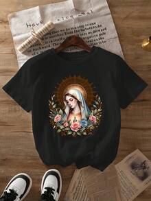Plus Size T-Shirt With Floral Print Of The Virgin Mary, Casual Short Sleeve Round Neck Top, Spring/Summer Style, Plus Size Clothing For Women. - Black - View 1