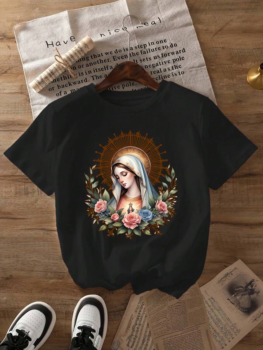 Plus Size T-Shirt With Floral Print Of The Virgin Mary, Casual Short Sleeve Round Neck Top, Spring/Summer Style, Plus Size Clothing For Women. - Black - View 1