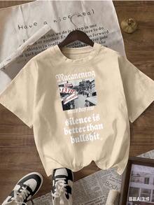Retro Street Photo T-Shirt With "Silence Is Better Than" Slogan, Fashionable Short-Sleeve T-Shirt For Spring/Summer 2026, Made In Mexico, 180 Grams. Cartoon Print, Couple Design, Suitable For Indoor Or Outdoor Wear. Crew Neck, Unisex, Ideal For Office And Leisure. One-Pack. - APR-P631577SLNDXZGY586 - 查看 3