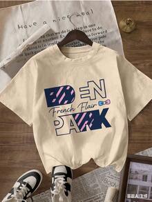 T-Shirt With "DEN PARK" And "French Flair" Text,  Short-Sleeved T-Shirt For Spring And Summer 2026, Made In Mexico, 180 Grams. Cartoon Print, Couple Design, Suitable For Indoor Or Outdoor Wear. Crew Neck, Unisex, Ideal For The Office And Leisure. One-Pack. - APR-P631577SLNDXZGY604 - 查看 4