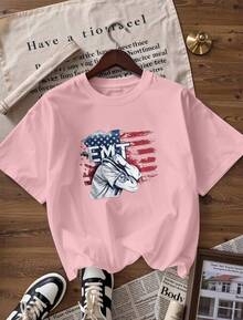Short-Sleeve T-Shirt For EMT And USA Lovers.  Short-Sleeve T-Shirt For Spring And Summer 2026, Made In Mexico, 180 Grams. Cartoon Print, Couple Design, Suitable For Indoor Or Outdoor Wear. Crew Neck, Unisex, Ideal For Office And Leisure. One-Pack. - PK-P631577SLNDXZGY614 - 查看 4