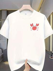 Men's Crab Print T-Shirt, Casual Crew Neck, Short Sleeves, Slightly Stretchy Fabric, Classic Fit, Casual Summer Wear, Urban Style, Comfortable, Ideal For Summer Festivals - 白色 - 查看 6