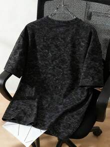 Plus Size Women's Casual Funny Cat Print Round Neck Washed T-Shirt, Sleeve Print Short Sleeve Black Summer - Black - View 2