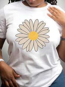Camiseta Deportiva Casual para Mujer con Gráfico de Margarita Beige - Camiseta Blanca Elástica de Cuello Redondo, Lavable aáquina, Ajuste Cómodo para Todas las Estaciones, Perfecta para el Uso Diario y Estilo Casual. - Blanco - Ver 7