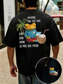 NewSummerCasual Men's T-Shirt, Light Green, Pure Cotton, Spring/Summer, Tailored, Fun Frog Print, Stylish Drop, Soft And Breathable, Loose And Casual, Perfect For Holidays And Festivals, Minimalist Style, Casual Style, Everyday Style, Vacation Style, Fun Print. (Keywords: Summer, Summer Tops, Summer Clothes, Summer Sets, Men's Summer Sets, Summer Top, Men's Summer Set, Men's Casual Blouses, Festival, Party Top, Party, Beach, Gradient, Y2K, Y2K Tops, Country, Country Set) - Vintage Street Style Unisex Loose Cotton Short Sleeve Crew Neck T-Shirt - 黑色 - 查看 6