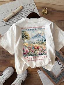 | Exquisite Design | Loose And Comfortable | Easy To Match | [Double-Sided Print] Women's Summer Clothing, Casual Top, Relaxed Style, Broken Porcelain, Floral Sea, Mountains, "GOD TURNS BROKEN PIECES" Print, Pure Cotton Short-Sleeve Crew Neck T-Shirt [LangK] - 白色 - 查看 3