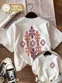 | Exquisite Design | Loose And Comfortable | Easy To Match | [Reversible Print] Women's Bohemian Summer Clothes, Style, Geometric Diamond Pattern, Pure Cotton T-Shirt, Casual Daily Wear, Round Neck, Short Sleeve - 白色 - 查看 1