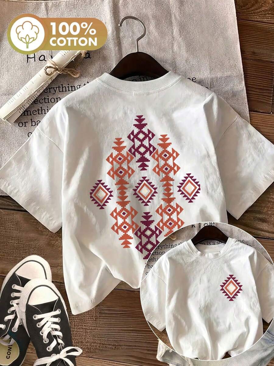 | Exquisite Design | Loose And Comfortable | Easy To Match | [Reversible Print] Women's Bohemian Summer Clothes, Style, Geometric Diamond Pattern, Pure Cotton T-Shirt, Casual Daily Wear, Round Neck, Short Sleeve - 白色 - 查看 1