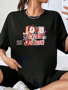 Women's 'Love Like Jesus' Graphic T-Shirt, White, Plus Size, Casual Style, For Everyday Wear And Religious Events - 黑色 - 查看 1