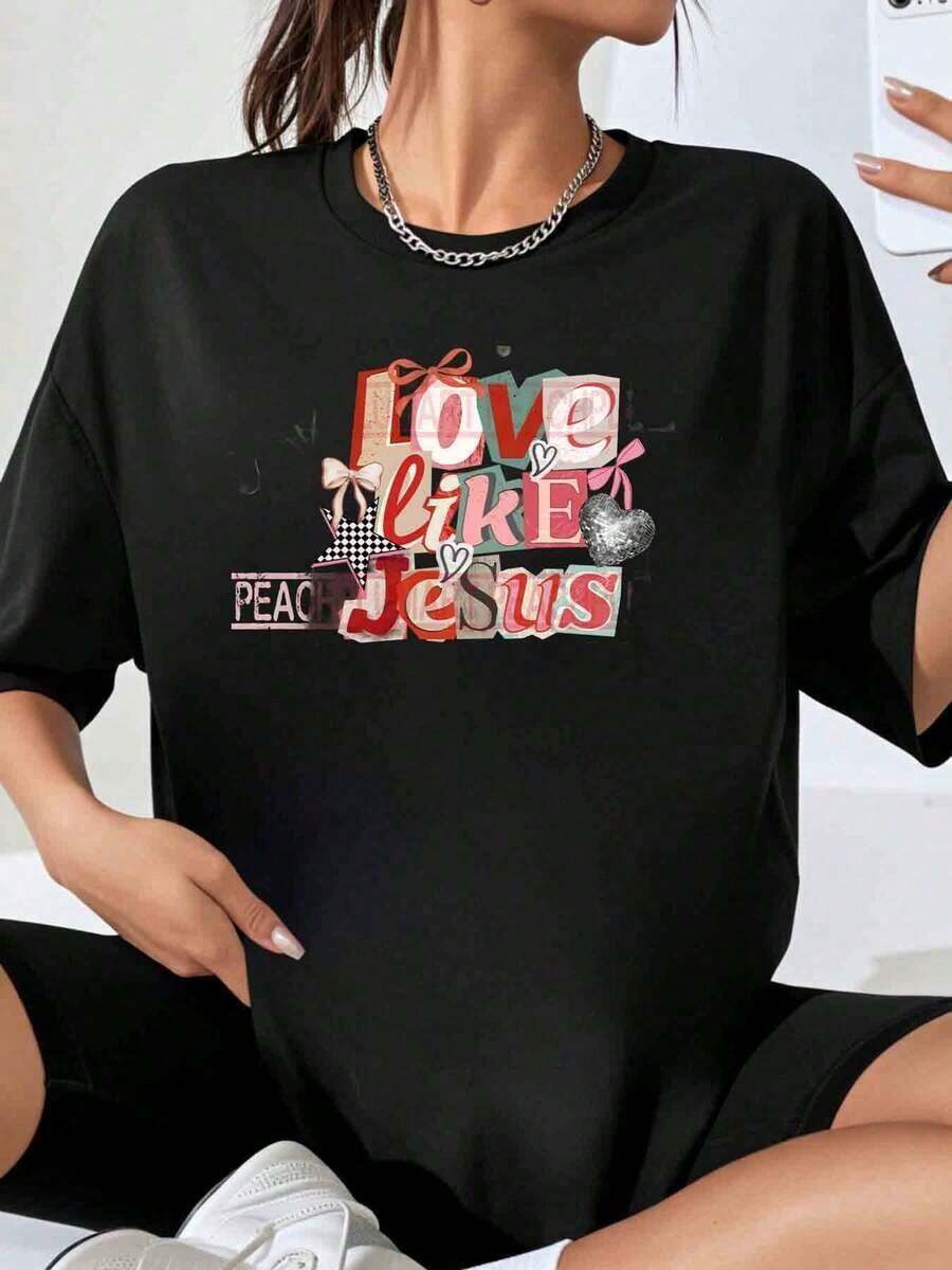 Women's 'Love Like Jesus' Graphic T-Shirt, White, Plus Size, Casual Style, For Everyday Wear And Religious Events - 黑色 - 查看 1