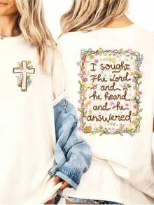 Women's Graphic T-Shirt With "I Sought The Lord And He Heard Me And Answered Me" Print, Bible Verse Print, Summer Tops, Casual Vacation Outfits, Christian Aesthetic Cotton T-Shirts, Summer Clothing. - 杏子 2 - 查看 6