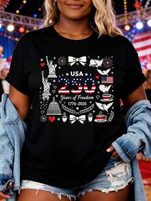 Plus Size - Plus Size - 250th Anniversary T-Shirt, Featuring An American Flag Design To Celebrate The 250th Anniversary Of The United States, With A Neutral, Loose, And Casual Fit. - 黑色 - 查看 7