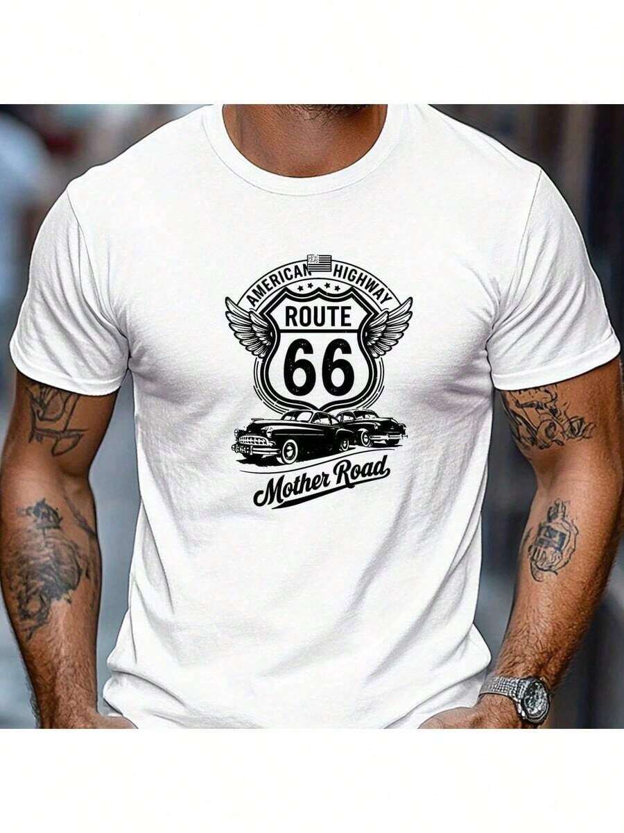 Retro Design Short Sleeve T-Shirt, Breathable Cotton Blend, Limited Time Discount, For Car Enthusiasts And Casual Style Lovers - Mother Road T - 白色 - 查看 1
