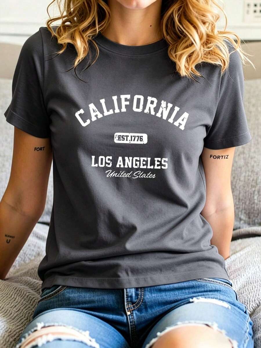 Playeras de Mujer Cuello Redondo Manga Corta, Camiseta con Estampado de Moda Actual, Tops Básicos Casuales - Gris Oscuro - Ver 1