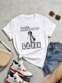 Camiseta de manga corta con cuello redondo suave y casual para mujer, ideal para el verano. El estampado gráfico "Ya lo hiciste mal, Aaron" es perfecto para los amantes de los memes en primavera y verano. Blanca. - Blanco - Ver 5