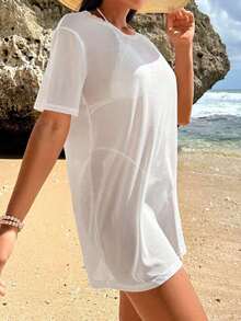 Vestido kaftan de mujer de unicolor con cuello redondo y manga corta, para usar en vacaciones - Blanco - Ver 4