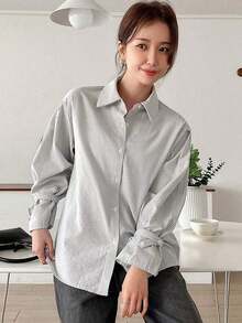Camisa con volantes y hombros caídos a rayas verticales, blusas de manga larga, ropa de otoño - Gris Claro - Ver 7