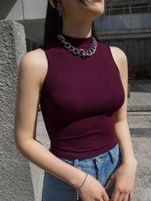 Camiseta de mujer de cuello alto, de unicolor, con ajuste ceñido y mangas cortas, de estilo casual - Morado - Ver 6