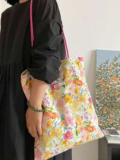 2026 New Summer Ditsy Floral Canvas Bag, Unique Design PU Strap Shoulder Bag, Artistic Commuter Bag For Women
