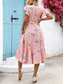 Holidaya Vestido midi con estampado floral y estilo envolvente para mujer - Rosa - Ver 2