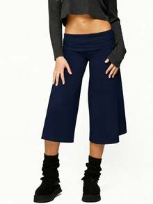 Women Yoga Capri Pants Wide Leg Cropped Pants With Fold Over Waistband For Fitness Workout Light Grey Lounge Pants For Women Elastic Waist 3/4 Length Pants Casual Culottes Trousers For Daily Wear - 孔雀藍 - 查看 5
