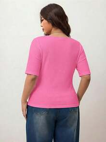 Camiseta de manga corta de cuello cuadrado de ajuste ceñido y elástica para mujer de talla grande, camiseta primavera y verano amigable con la piel, compatible con curvas redondeadas del Body, compatible con la forma del Body redondeada de Apple/20 - Rosa Fucsia - Ver 2